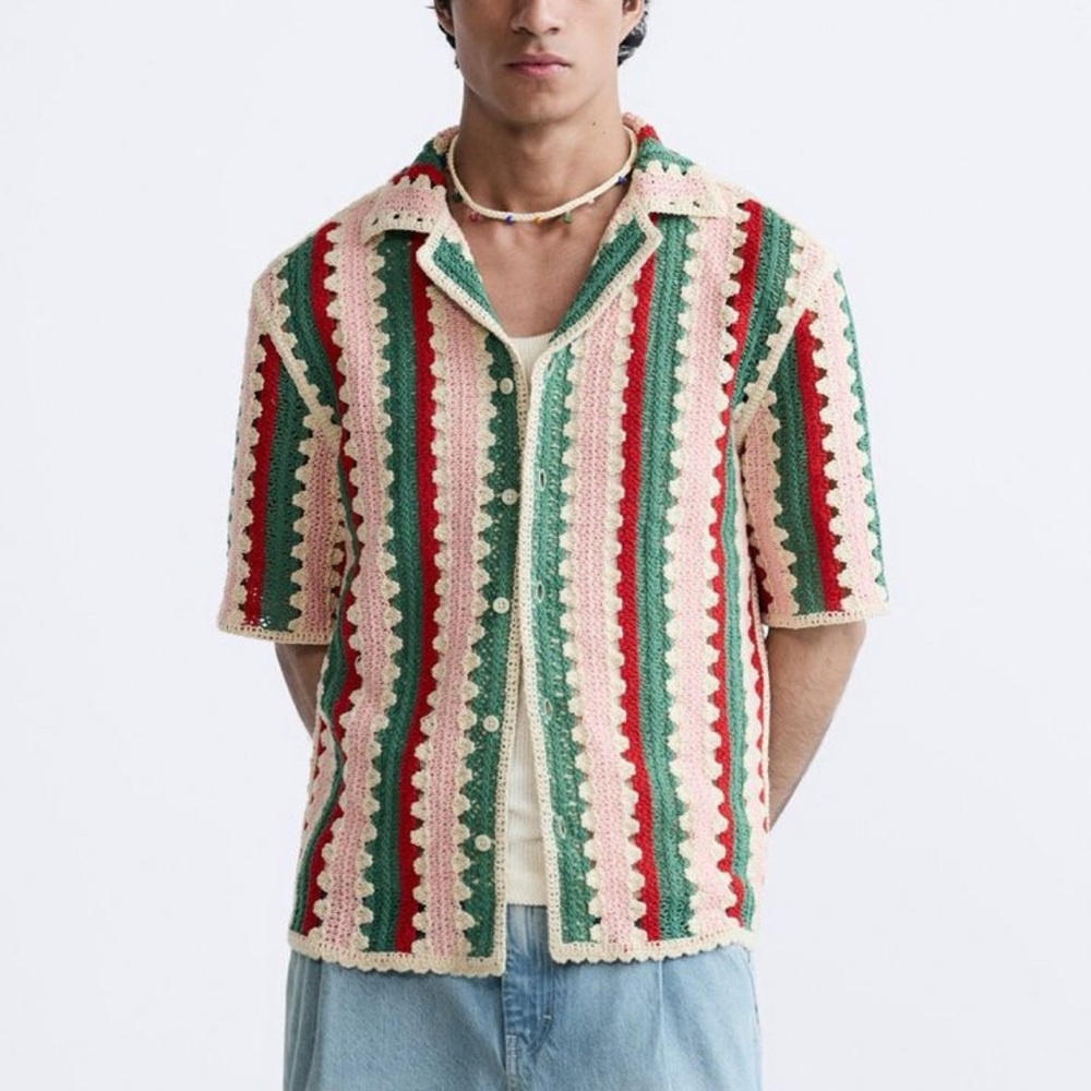 ZARA Crochet Striped Button Down Shirt - Picture 3 of 3